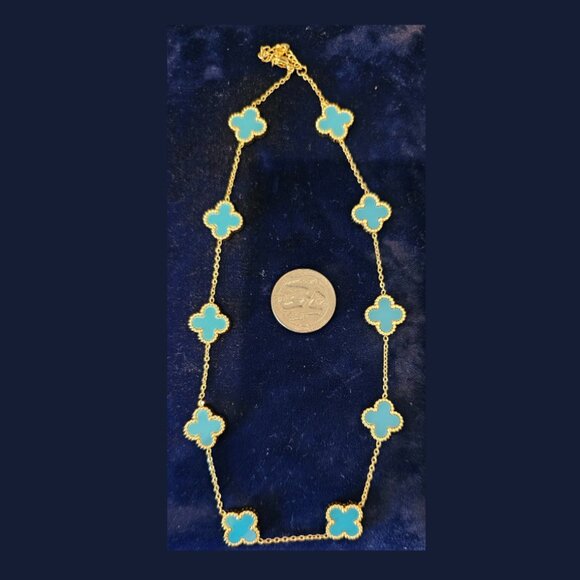 Turquoise blue Hope, Faith, Love and Luck clover fashion necklace 16 inches - Picture 2 of 9